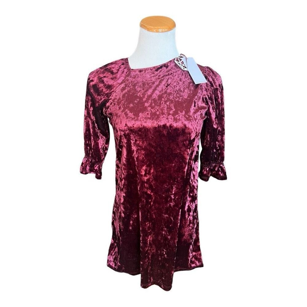 NWT Youth Girls Good Luck Girl Wine Crushed Velvet Velour Holiday Dress - Sz M
